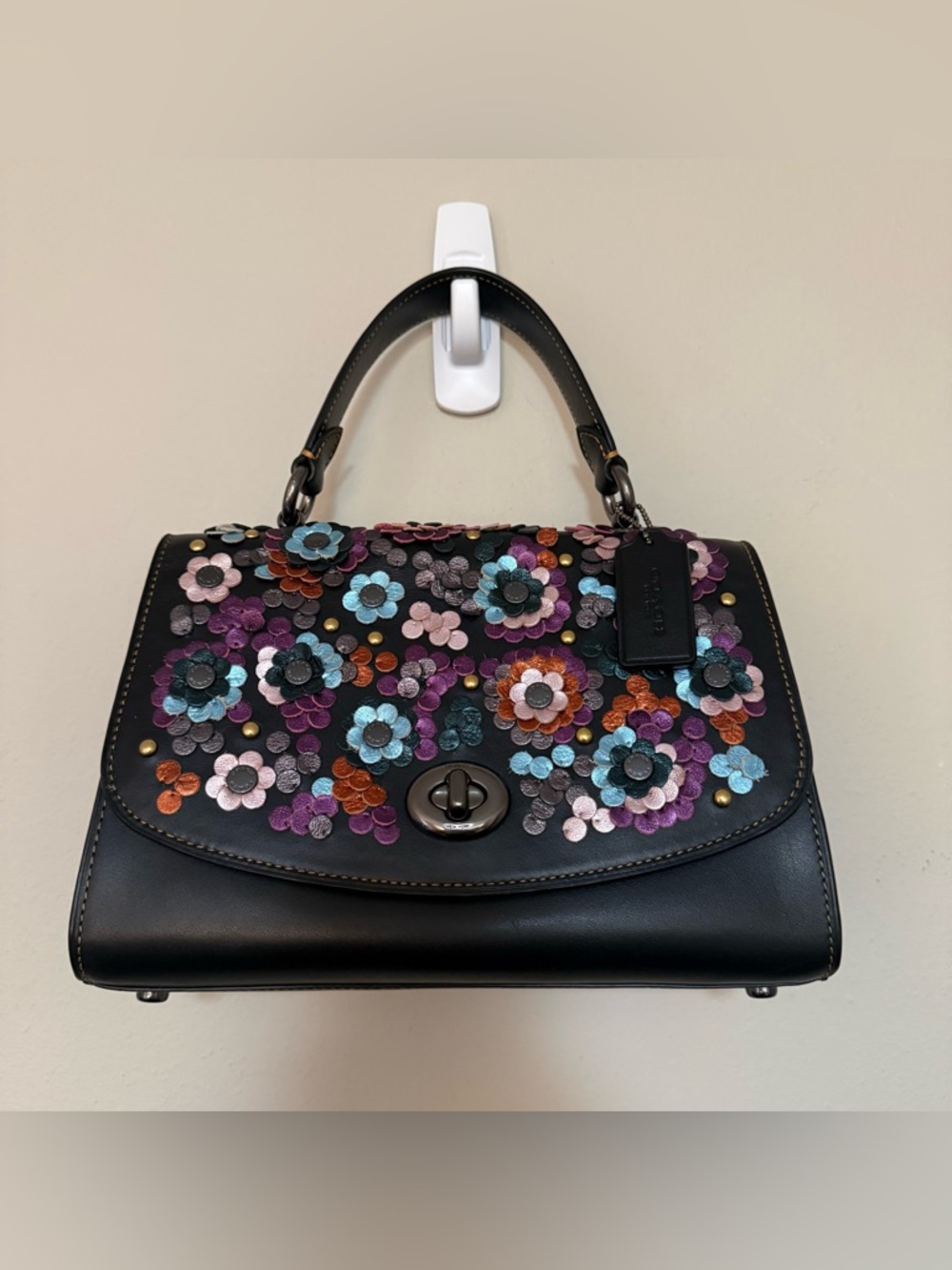 RARE Coach Tilly Top Handle Black Satchel with Colorful Floral Appliqué - F80213 - Picture 2 of 11